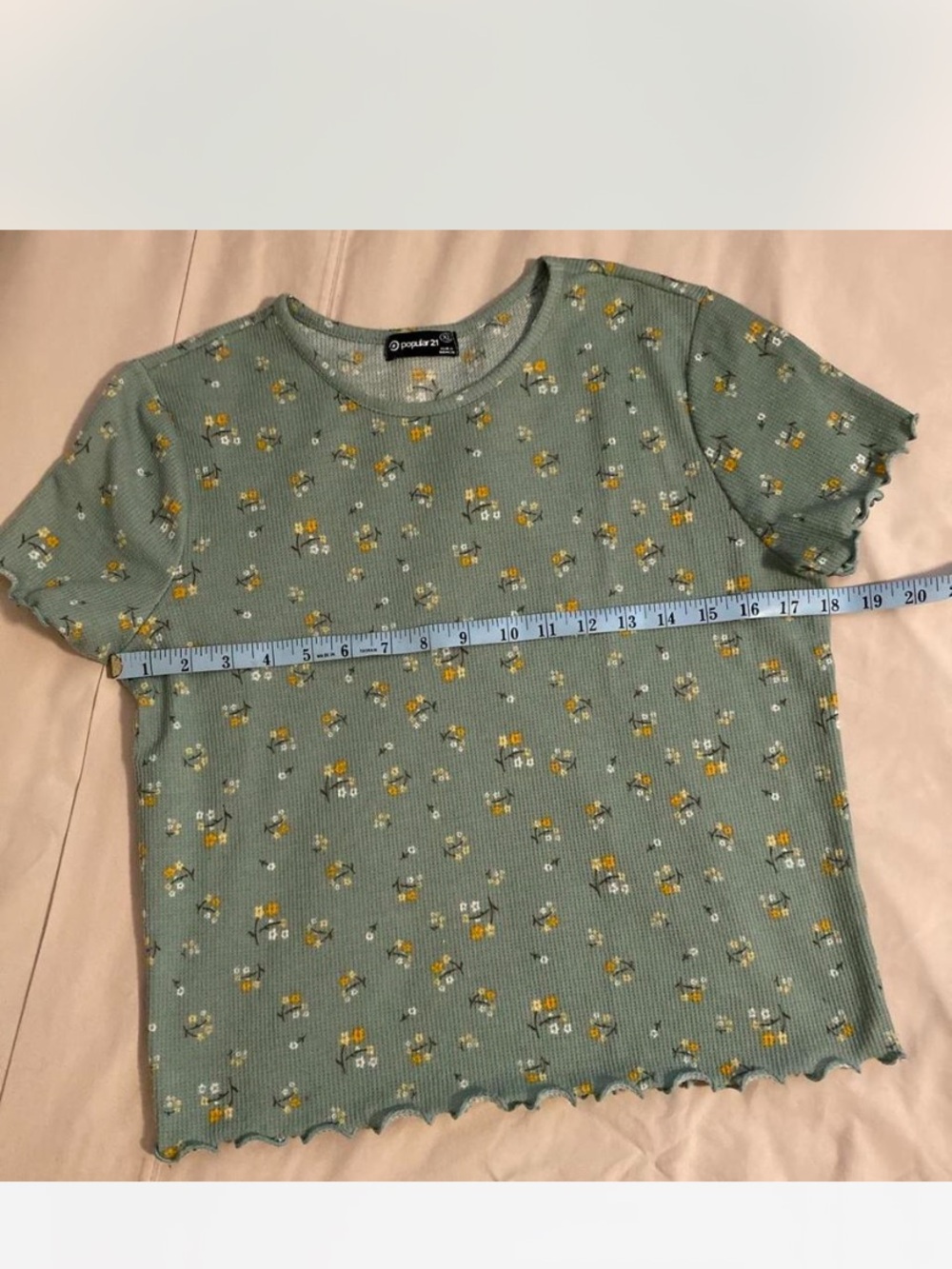 Popular 21 Green Floral Ribbed Short Sleeve Top Sz XL